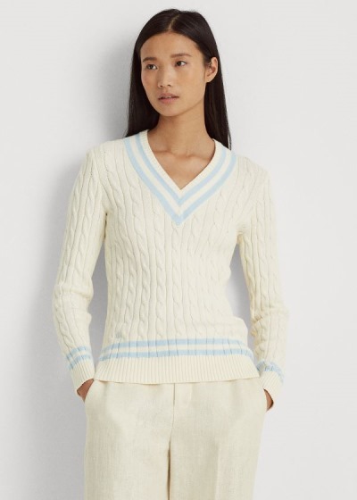 Sueter Ralph Lauren Mujer Creme / Azules - Cotton Cricket - AKODW2360